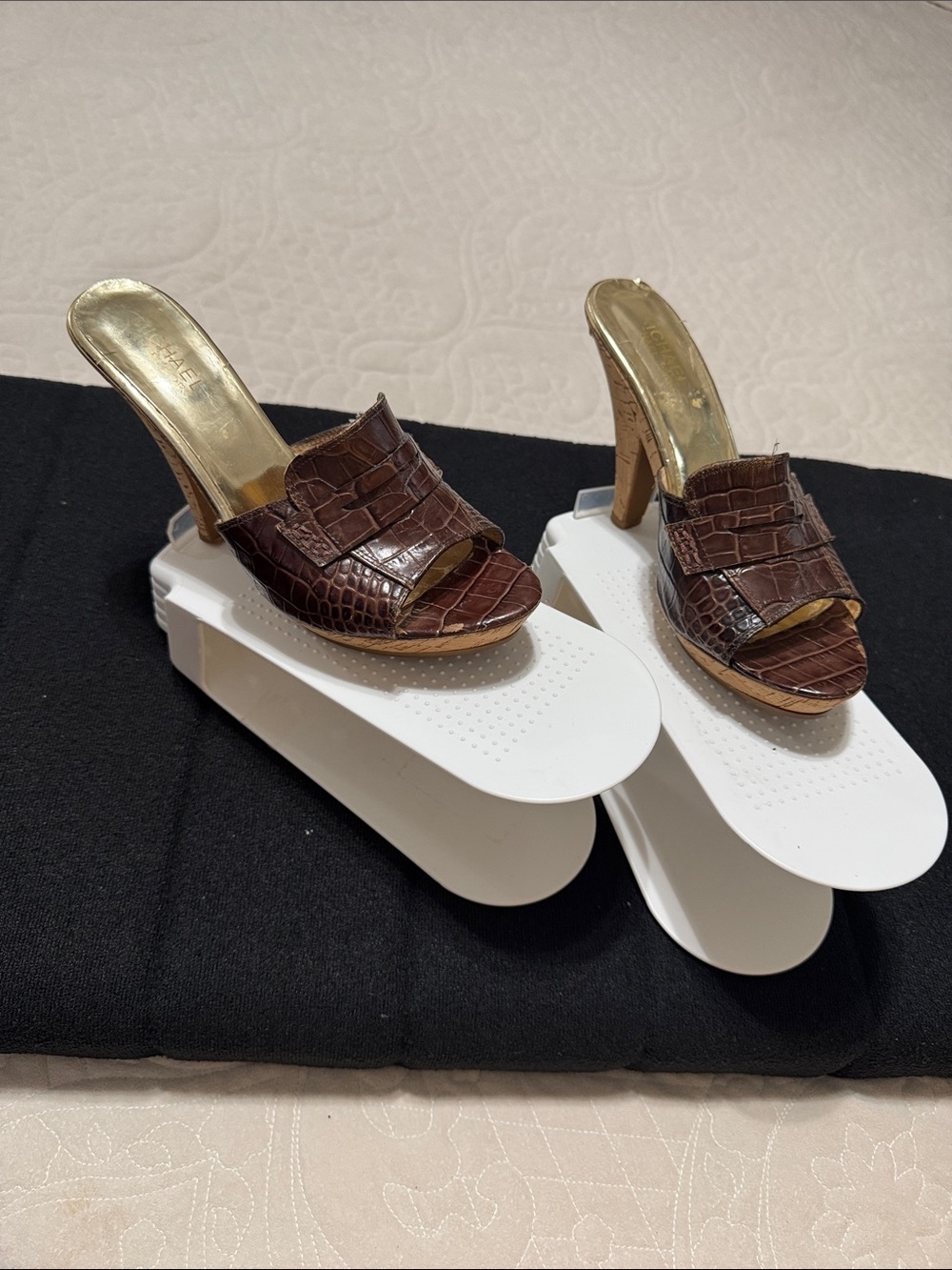 Michael Kors Croc-Embossed Open-Toe Slide Mules in Dark Brown